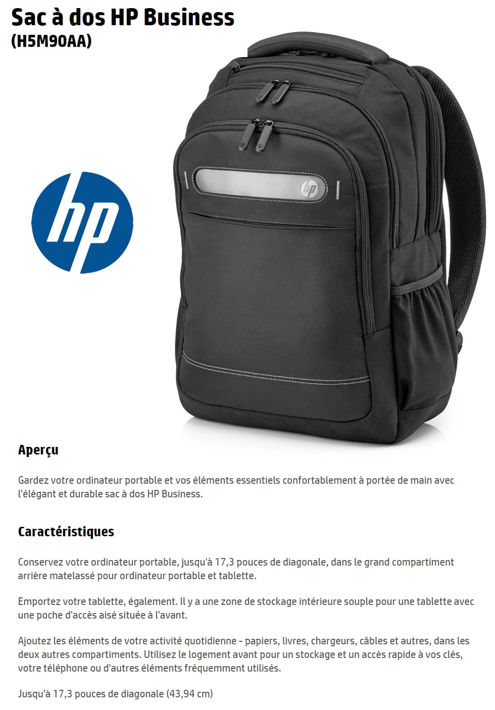 Sac à dos HP Business 17,3 pouces (H5M90AA)