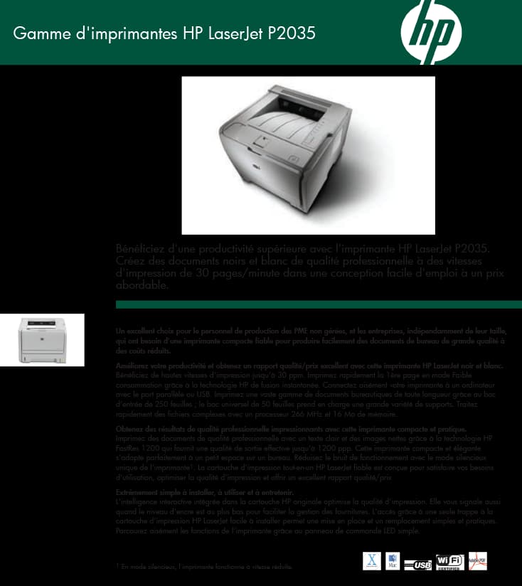 Imprimante Laser Monochrome HP LaserJet P2035 (CE461A)