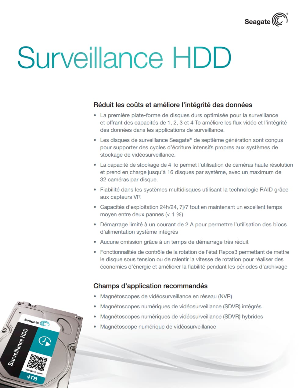 Disque dur interne 3.5" Seagate Surveillance HDD 5900 tr/min pour les systèmes de surveillance actifs