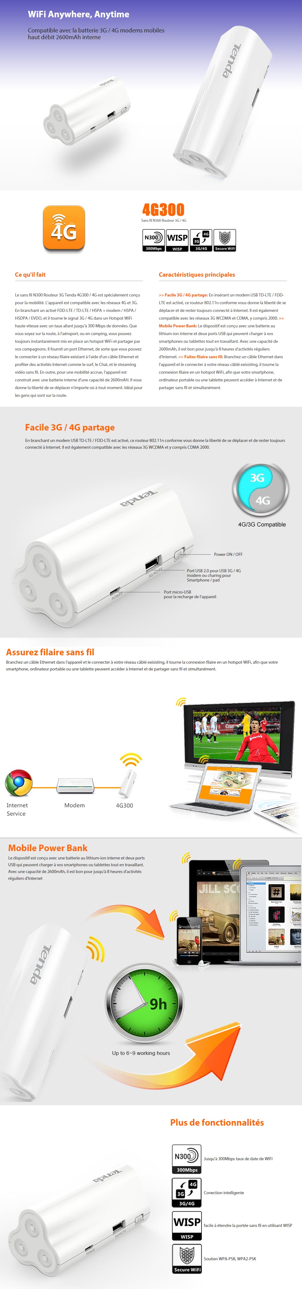 Routeur 3G/4G sans fil Tenda N300 Wireless avec Power bank 2600mAh