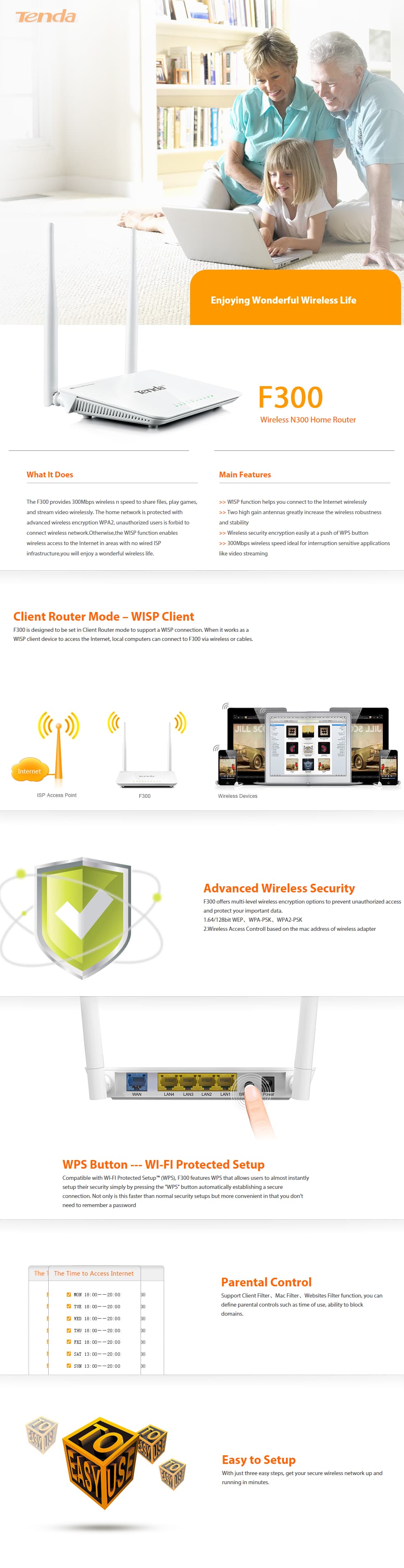 Routeur Wi-Fi Tenda F300 Wireless N300 Easy Setup 2 antennes (F300)