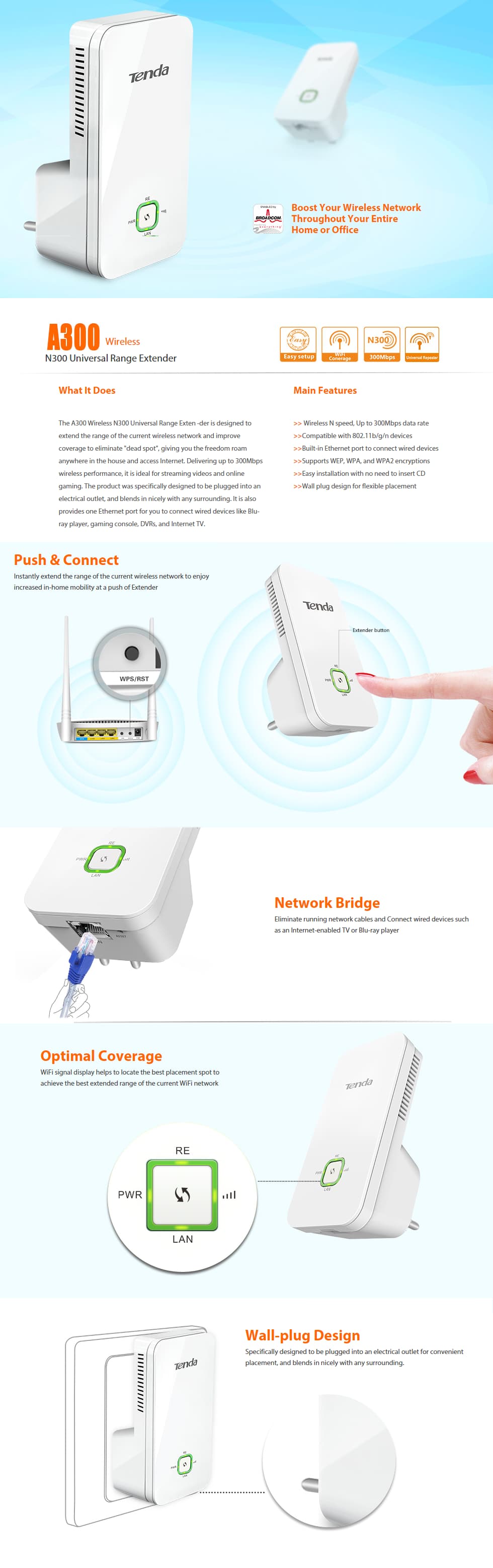 Répéteur sans fil Tenda N300 Universal Range Extender 300 Mbps (A300)