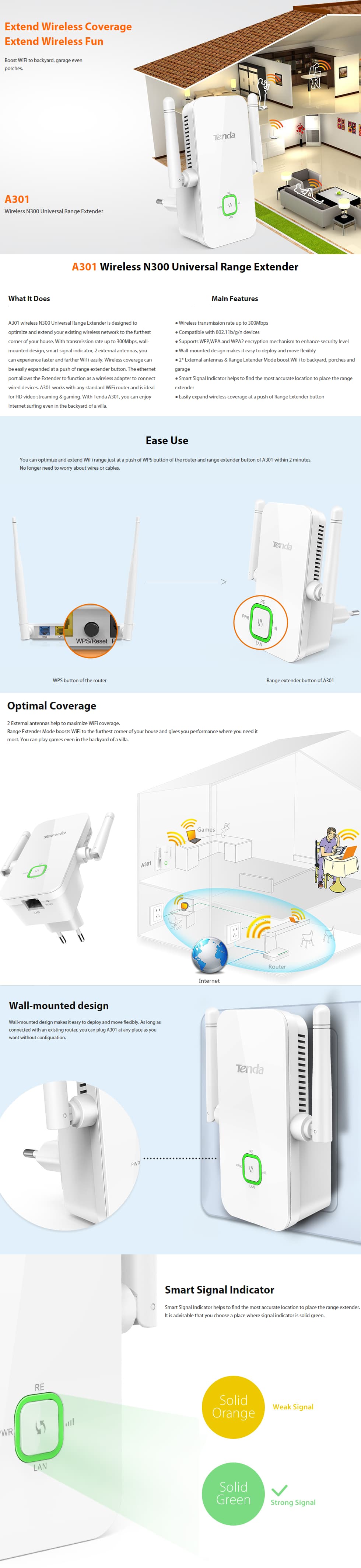Répéteur sans fil Tenda N300 Universal Range Extender 300 Mbps avec deux antennes (A301)