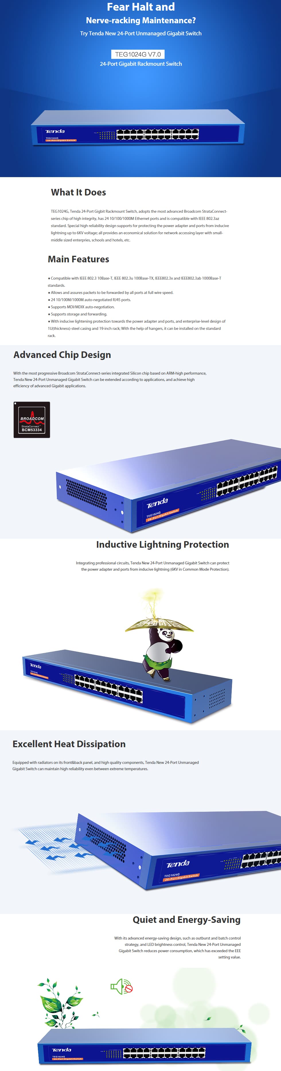 Switch Non Administrable Tenda 24 ports Gigabit 10/100/1000 Mbps - 19" rackable (TEG1024G)