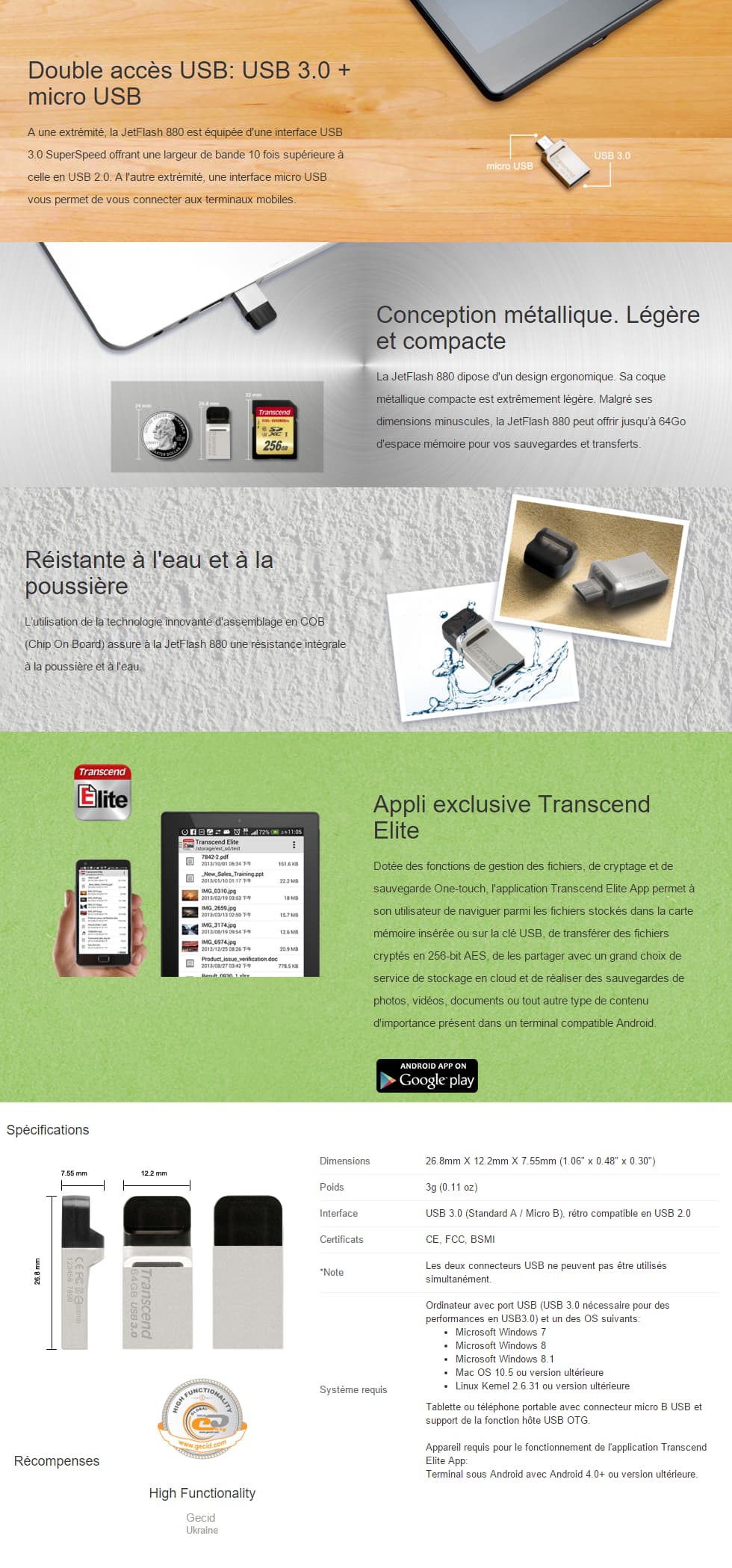 Clé USB et Micro-USB OTG Transcend JetFlash 880 - USB 3.0 Silver