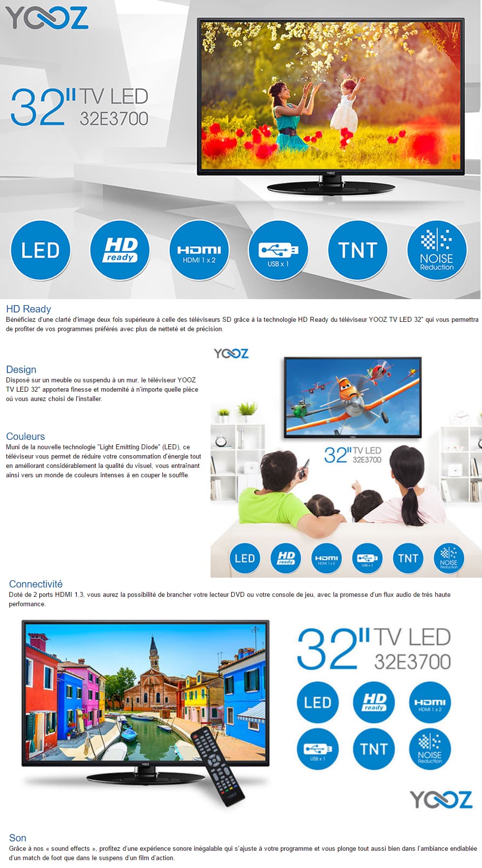 TV YOOZ HD READY LED 32", USB et 2x HDMI avec TNT