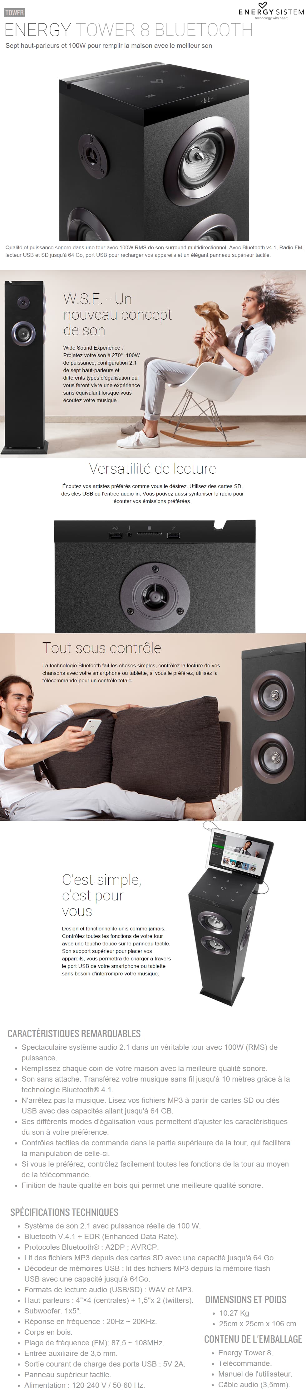 Energy Sistem Tower 8 Bluetooth 2.1 (RMS: 100W, USB/SD, Contrôles tactiles de commande)