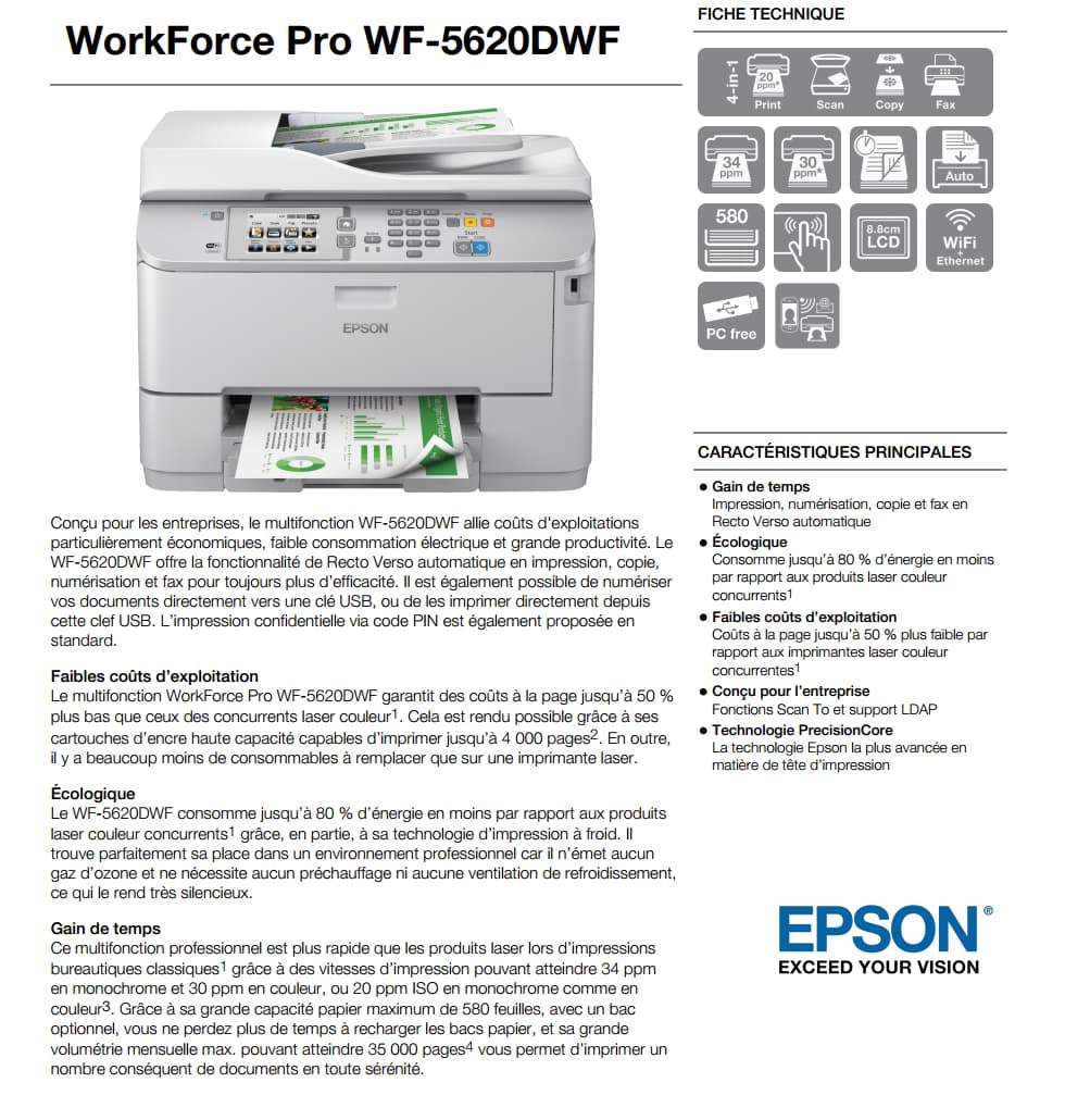 Imprimante multifonction Jet d’encre EPSON WORKFORCE PRO WF-5620DWF (C11CD08401)