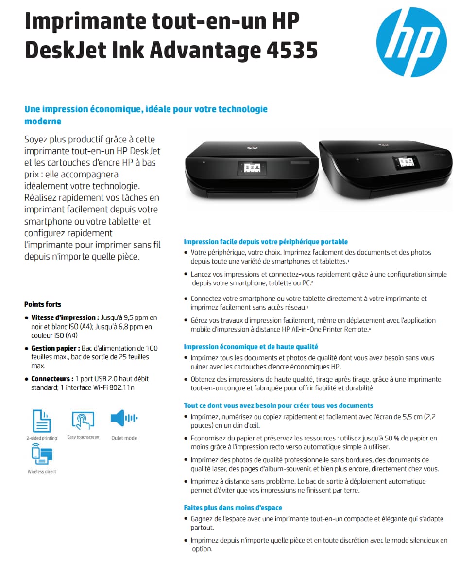 Imprimante multifonction Jet d’encre HP DeskJet Ink Advantage 4535 (F0V64C)