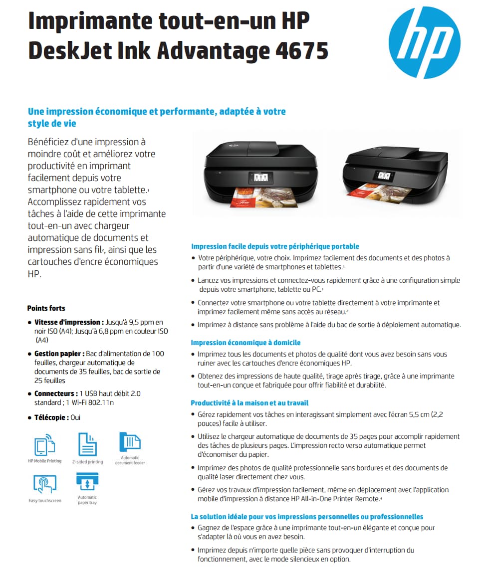 Imprimante multifonction Jet d’encre HP DeskJet Ink Advantage 4675 (F1H97C)