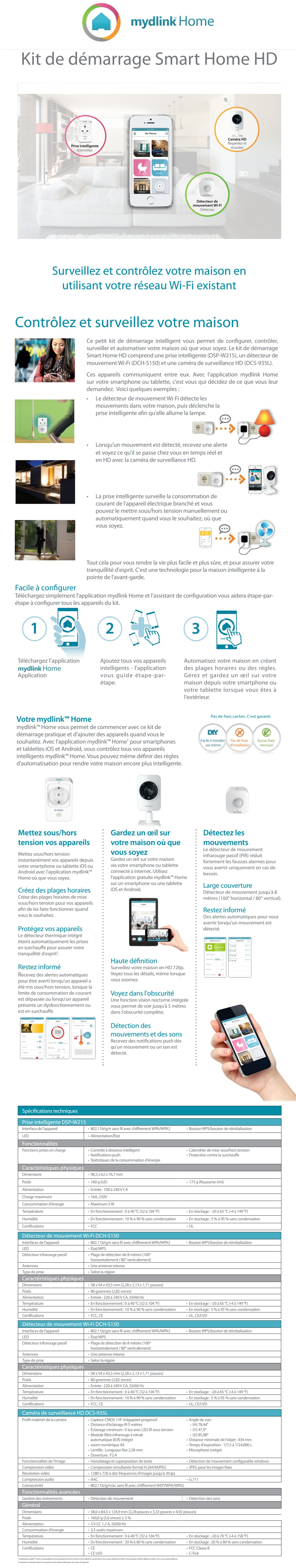 Kit de démarrage D-LINK avec caméra réseau (Wi-Fi b/g/n/ac) infrarouge, détecteur de mouvement et prise intelligente