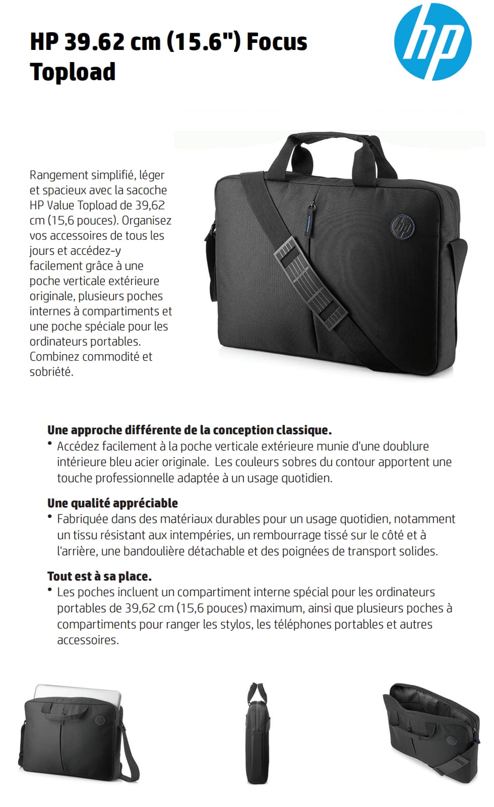 Sacoche HP Value Topload de 39,62 cm (15,6 pouces) (T9B50AA)