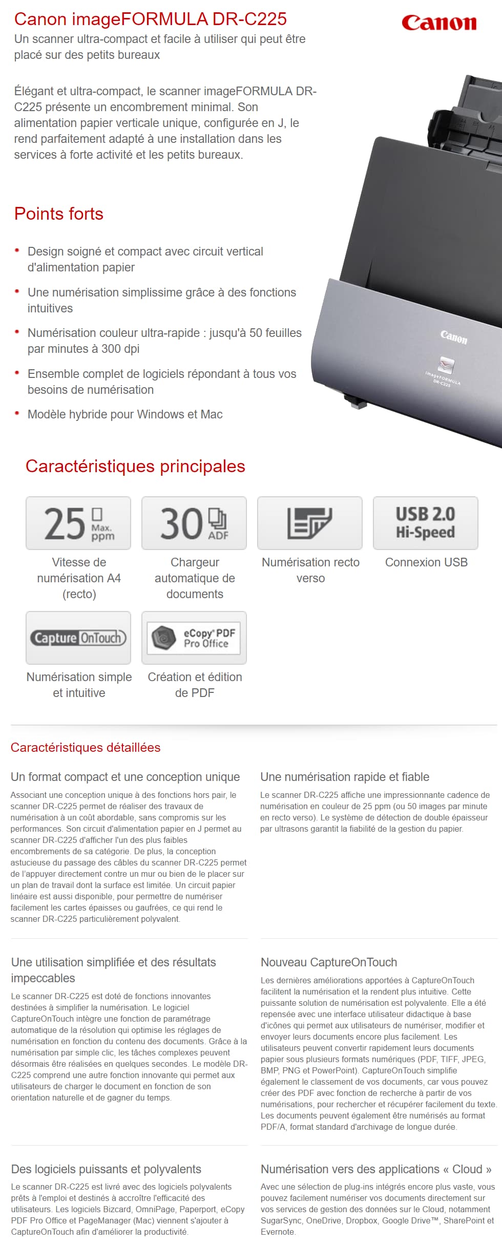 Scanner professionnel ultra-compact Wi-Fi Canon imageFORMULA DR-C225W (9707B003AE)