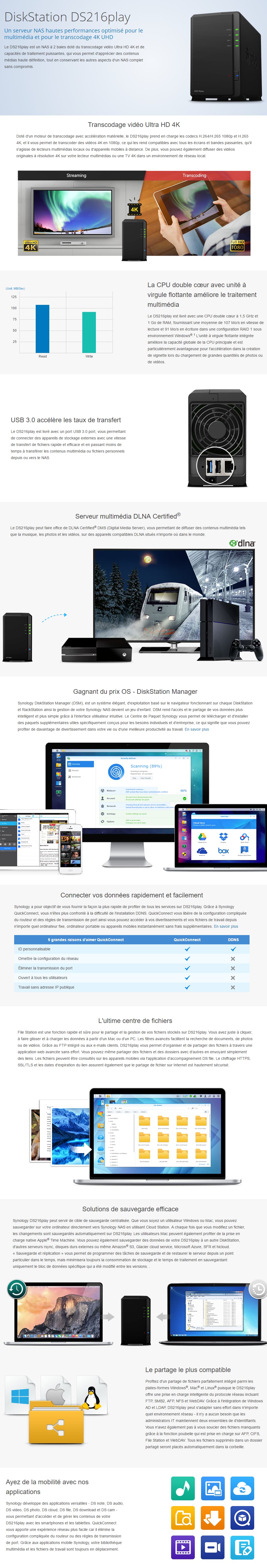 Serveur NAS compact à 2 baies Synology DiskStation DS216PLAY (Transcodage vidéo Ultra HD 4K)