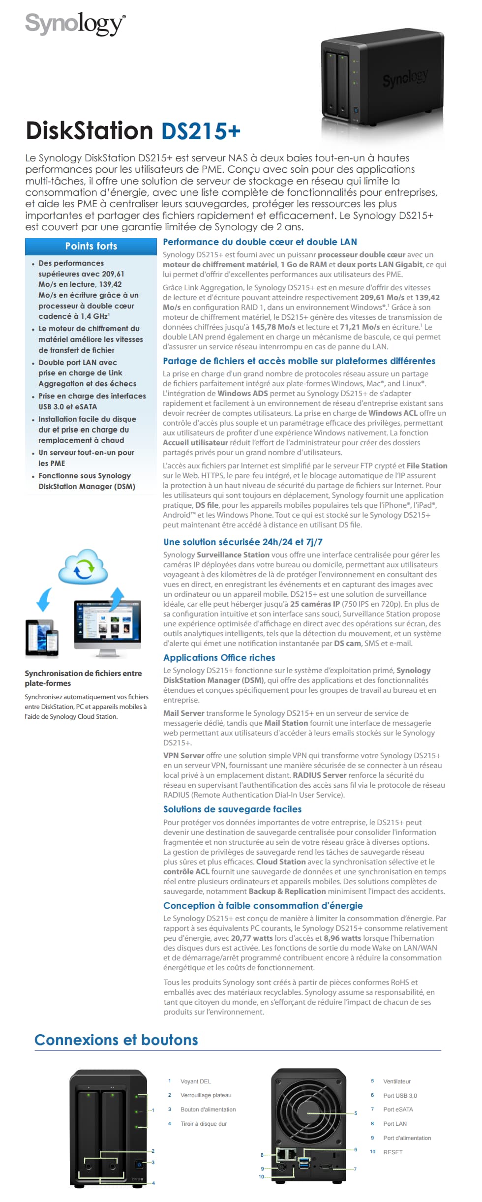 Serveur NAS à 2 baies Synology DiskStation DS215+ à hautes performances