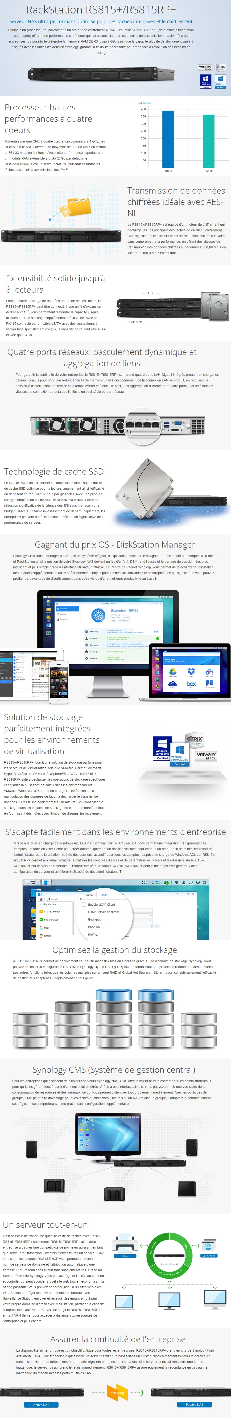 Serveur NAS 4 baies hautes performances évolutif Synology RackStation RS815RP+ avec alimentation redondante