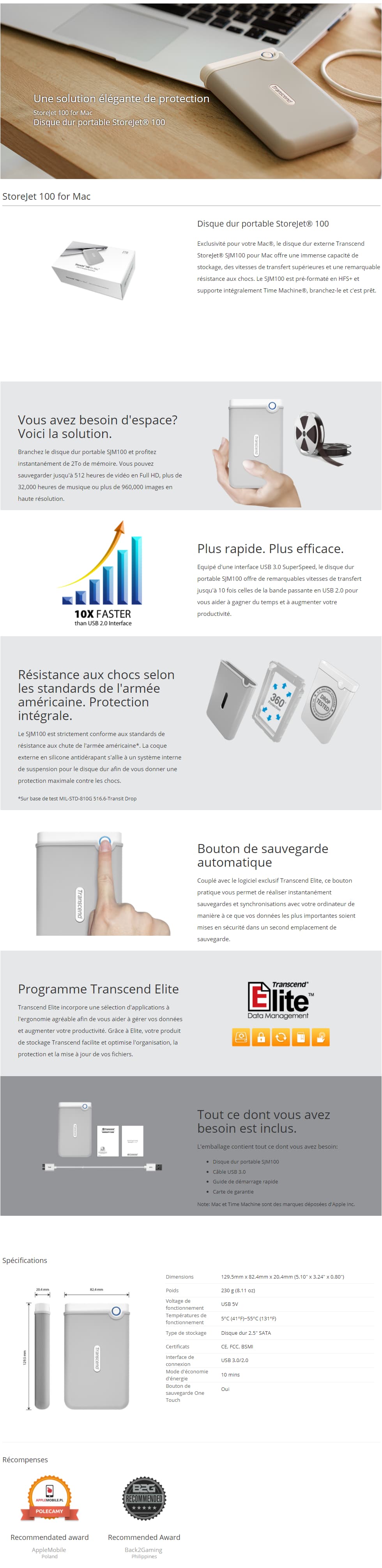 Disque dur Pour MAC 2TB USB 3.0 externe Anti-choc portable Transcend Storejet SJM100