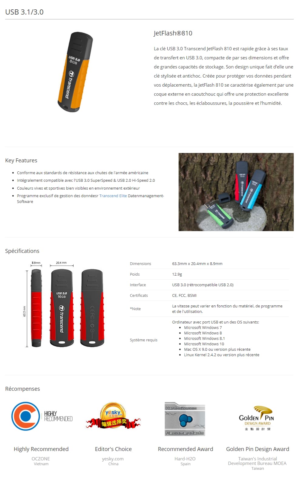 Clé USB 3.0 Anti-choc Transcend JetFlash810