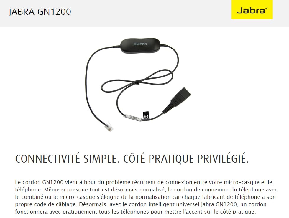 Cordon intelligent universel Jabra GN1200 - QD /RJ10, 80 cm