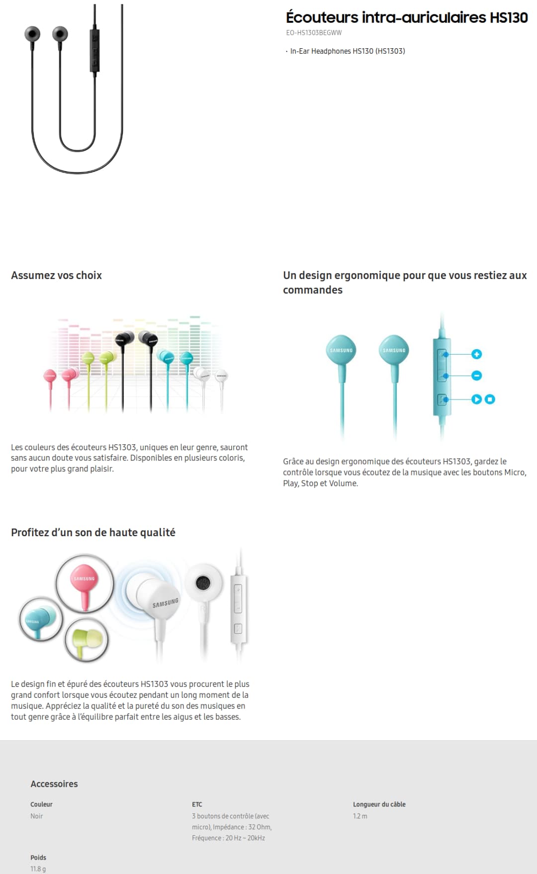 Kit Piéton stéréo filaire universel stéréo Samsung EO-HS1303
