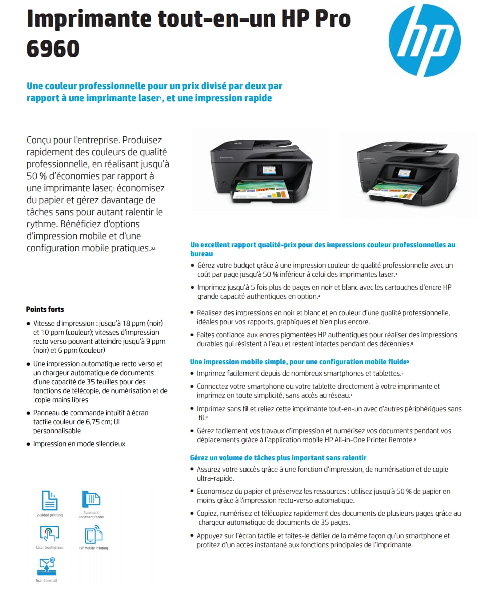 Imprimante multifonction Jet d’encre HP Pro 6960 (J7K33A)