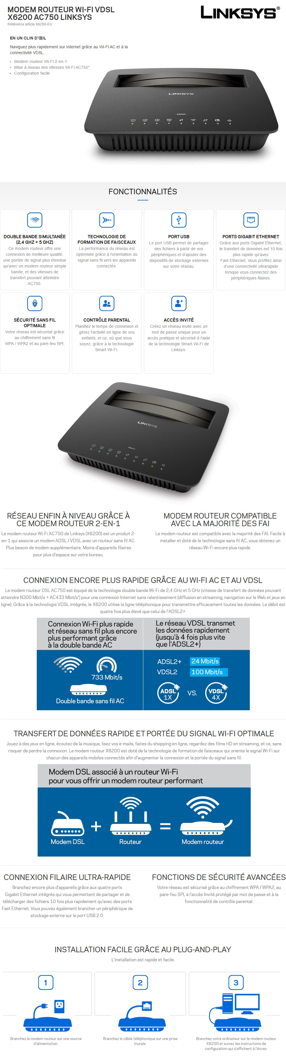 Modem Routeur Linksys X6200 ADSL/VDSL Wi-Fi AC750 double bande avec Port USB