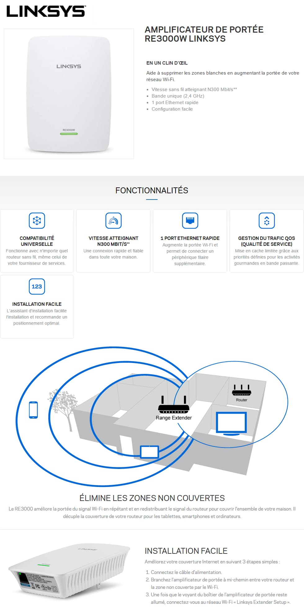 Amplificateur de portée Wi-Fi Linksys RE3000W N300