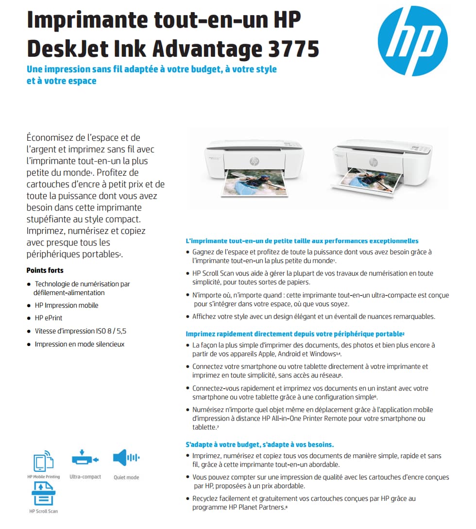 Imprimante multifonction Jet d’encre HP DeskJet Ink Advantage 3775 (T8W42C)