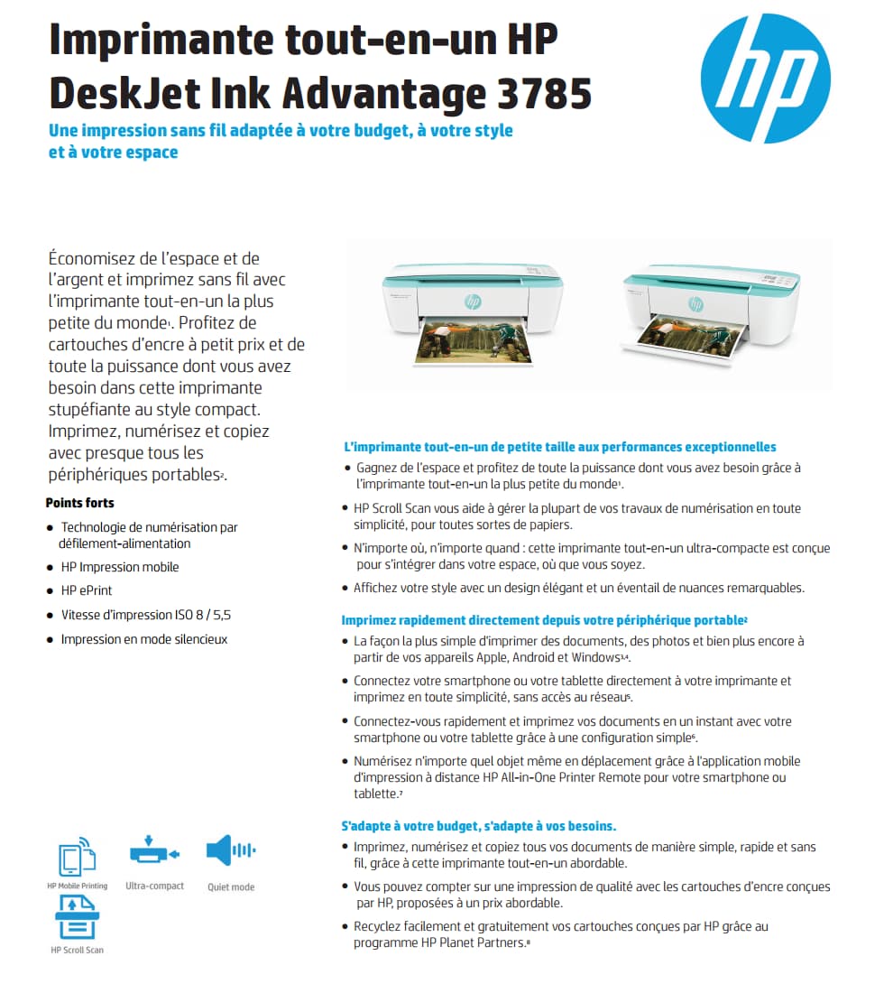Imprimante multifonction Jet d’encre HP DeskJet Ink Advantage 3785 (T8W46C)