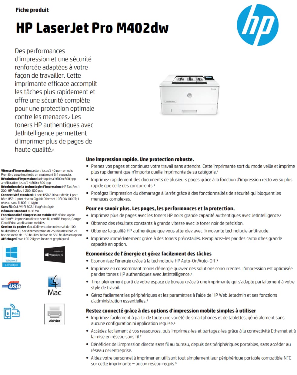 Imprimante Laser Monochrome HP LaserJet Pro M402dw (C5F95A)