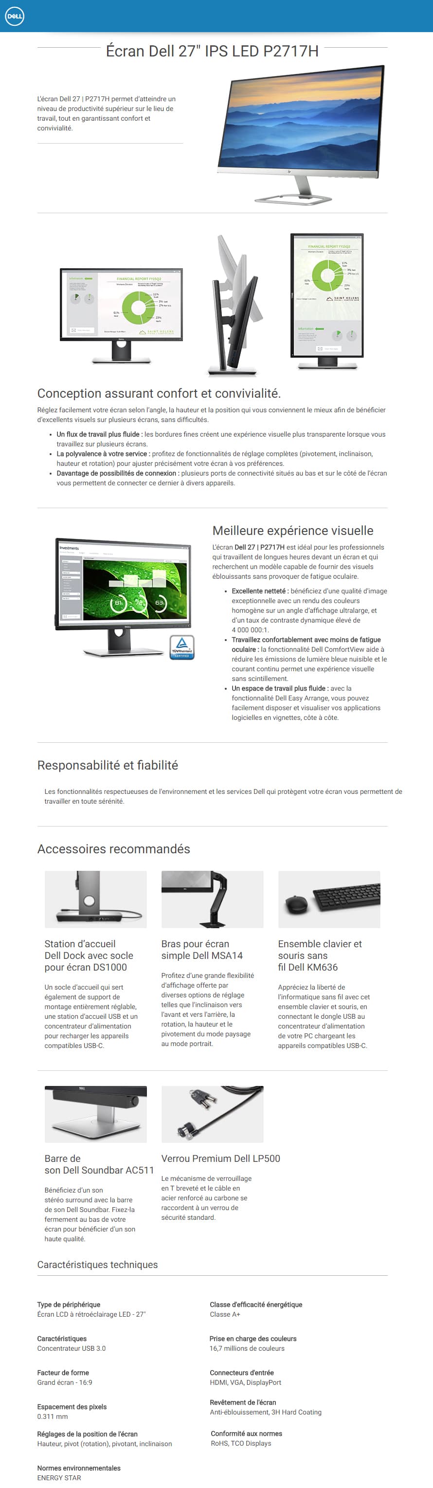 Écran 27" Dell IPS LED P2717H (P2717H-3Y)