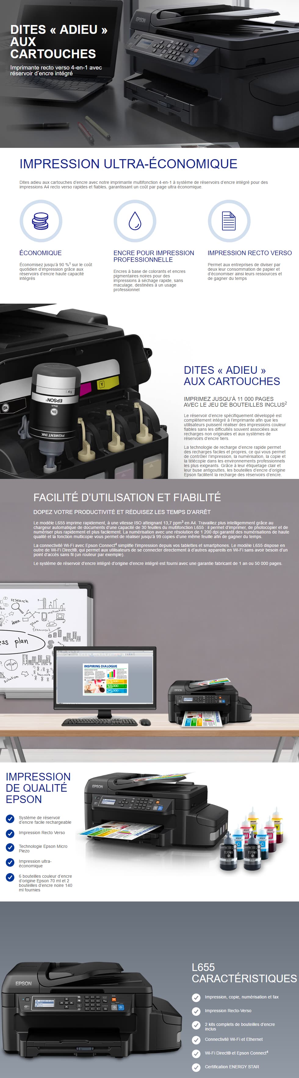 Epson EcoTank L655 Imprimante multifonction à réservoirs rechargeables (C11CE71402)