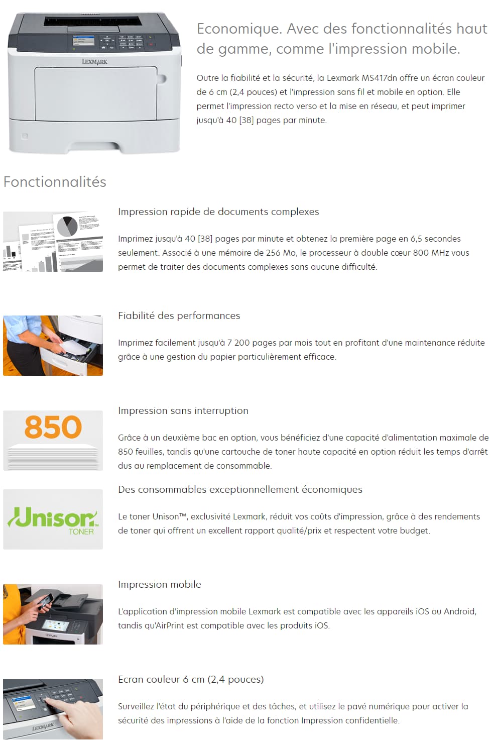 Imprimante laser monochrome Lexmark MS417dn (35SC280)