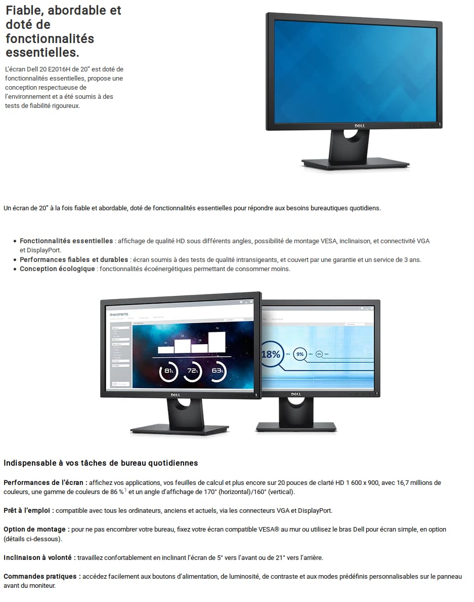 Écran 20" HD+ Dell E2016H (E2016H)