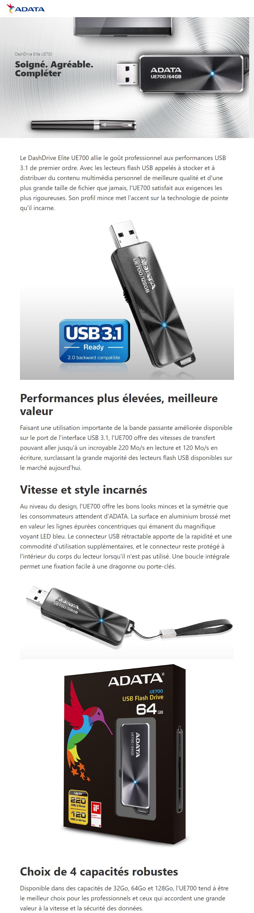 Lecteur Flash USB ADATA Elite UE700 (AUE700-64G-CBK)