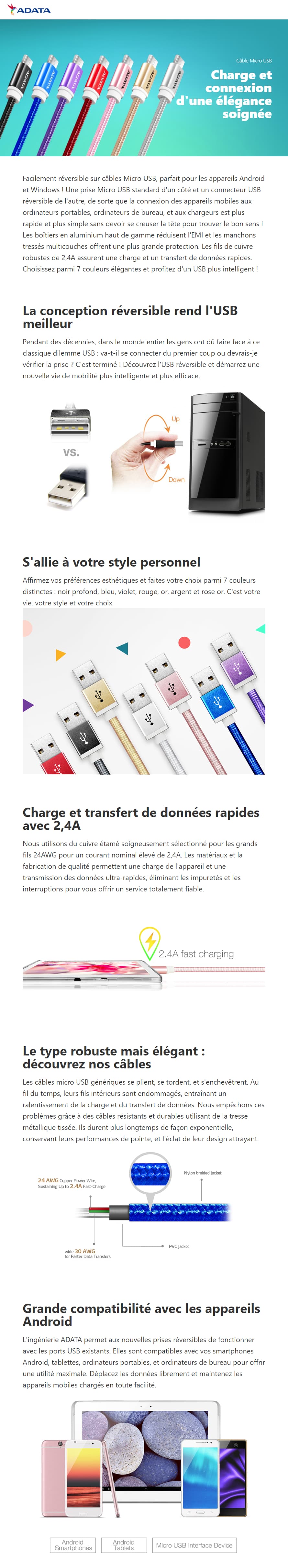 Câble Micro USB ADATA 2.0 Type A