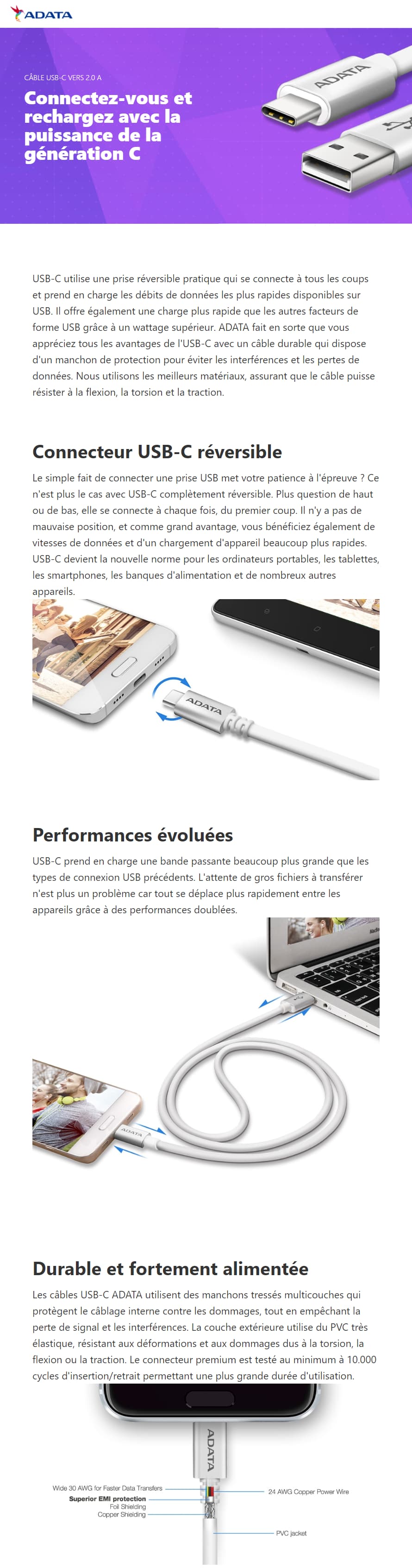Câble USB ADATA Type C Vers 2.0 A (ACA2AL-100CM-CSV)
