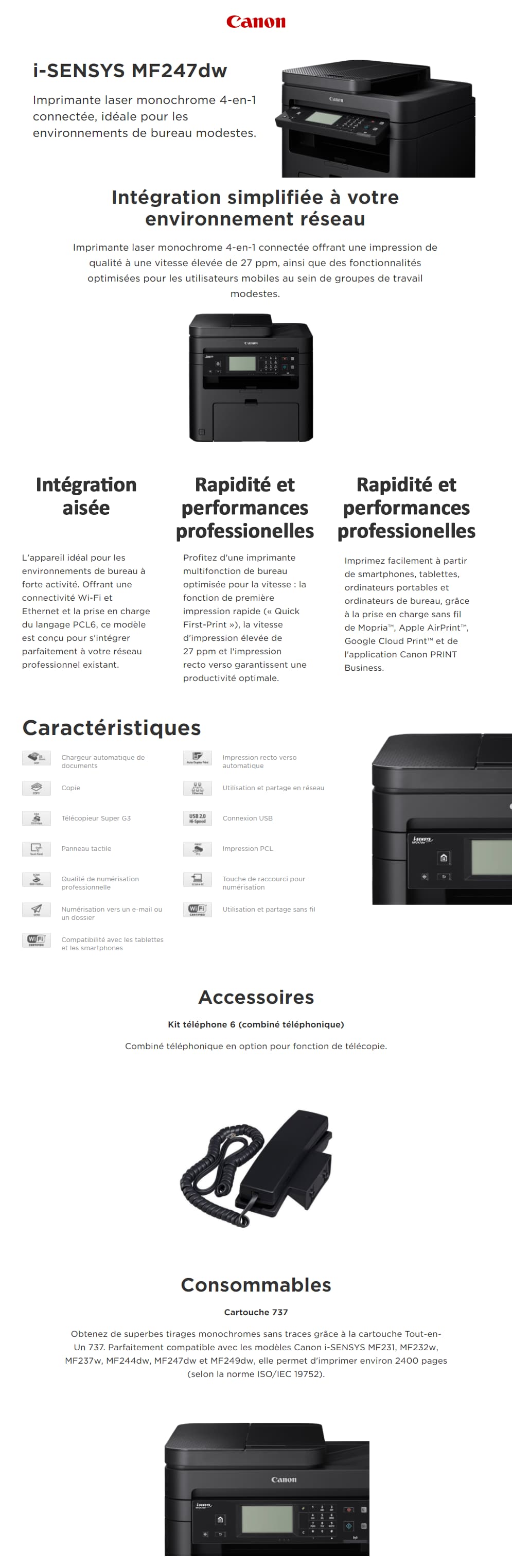 Imprimante Multifonction Laser Monochrome Canon Laser i-SENSYS MF247dw (1418C099AA)