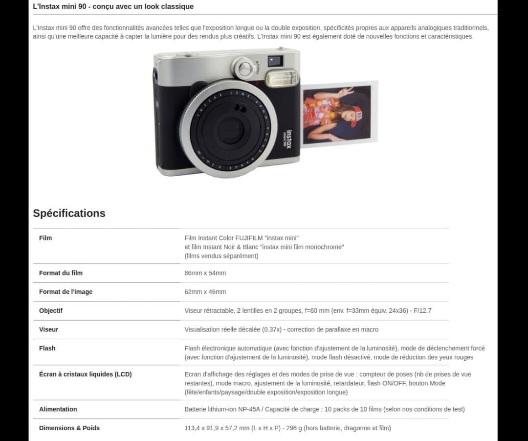Appareil Photo Instantané FujiFilm Instax Mini 90 - Neo Classic