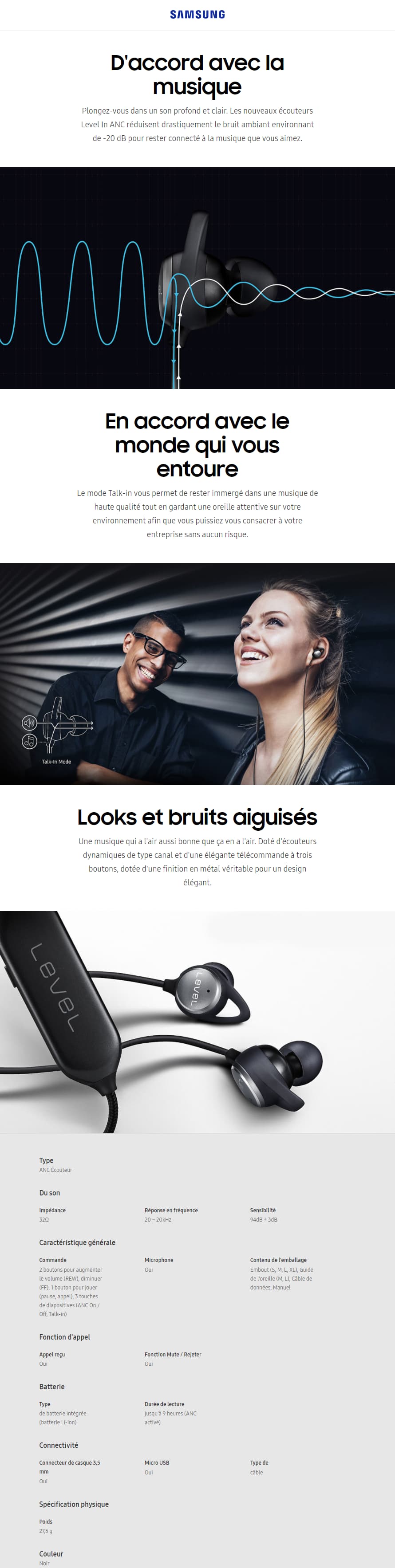 Ecouteur avec Micro Samsung Level In ANC