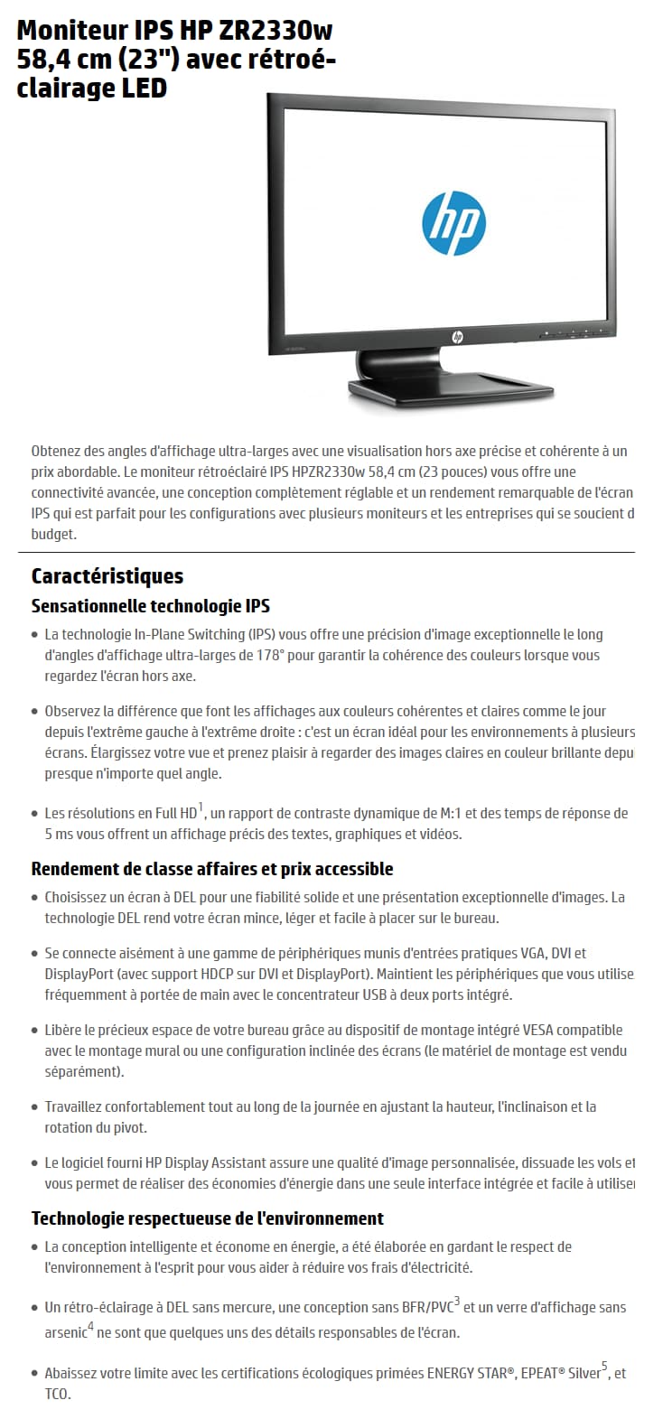 Écran HP ZR2330w IPS LED Backlit 58,4 cm (23 pouces) (C6Y18A4)
