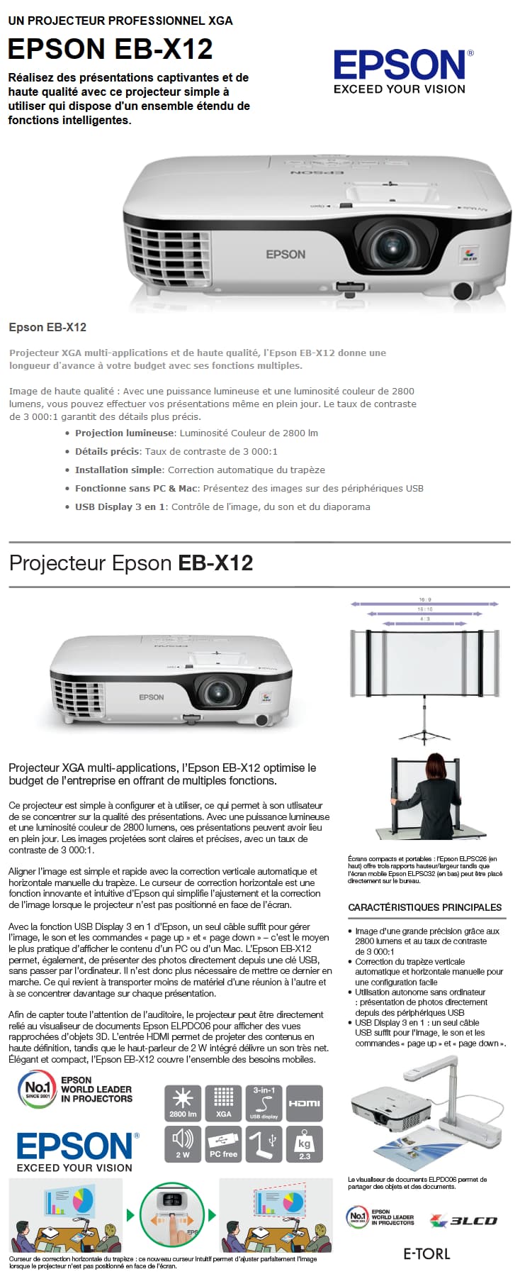 Vidéoprojecteur Epson EB- X12 LCD XGA 2800 Lumens