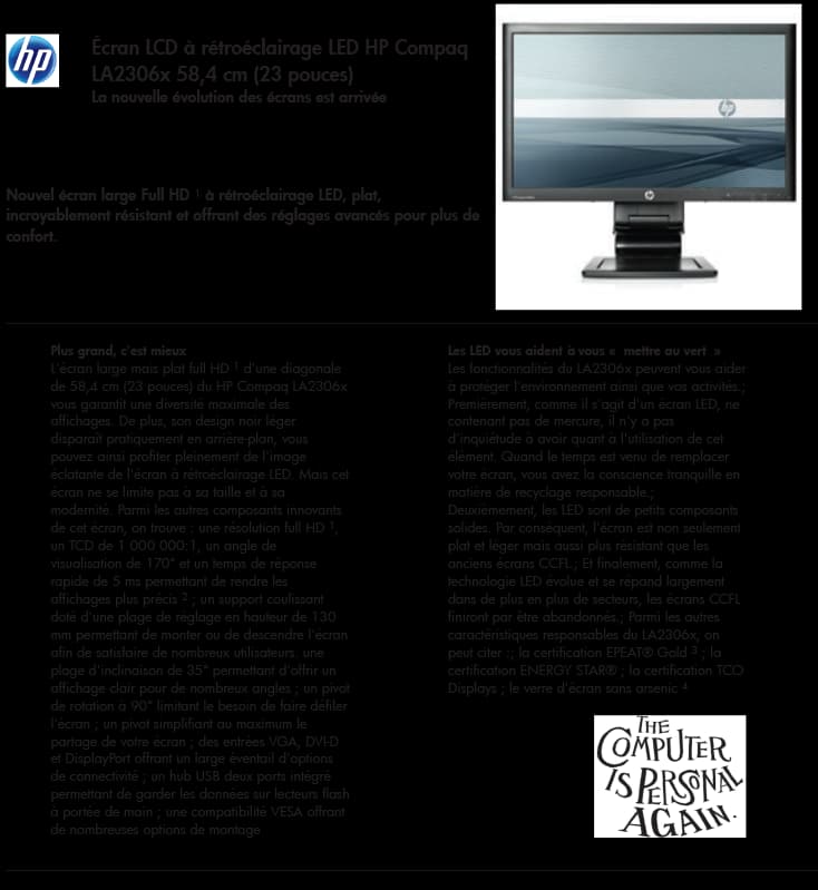 Ecran à cristaux liquides 23 pouces HP Compaq LA2306x avec rétroéclairage LED (XN375AA)