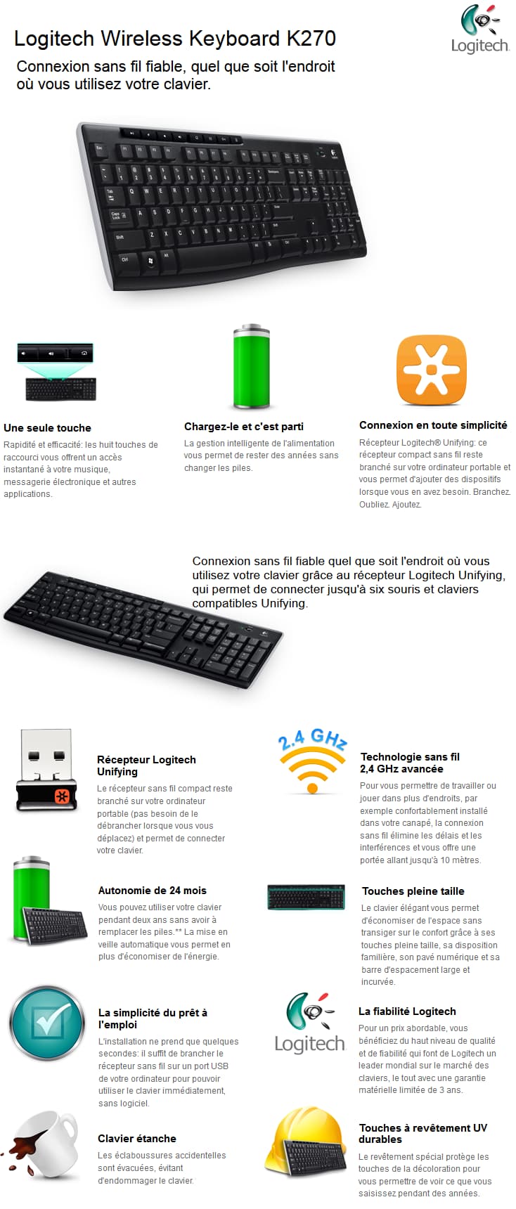Clavier Logitech Wireless Keyboard K270 - AZERTY