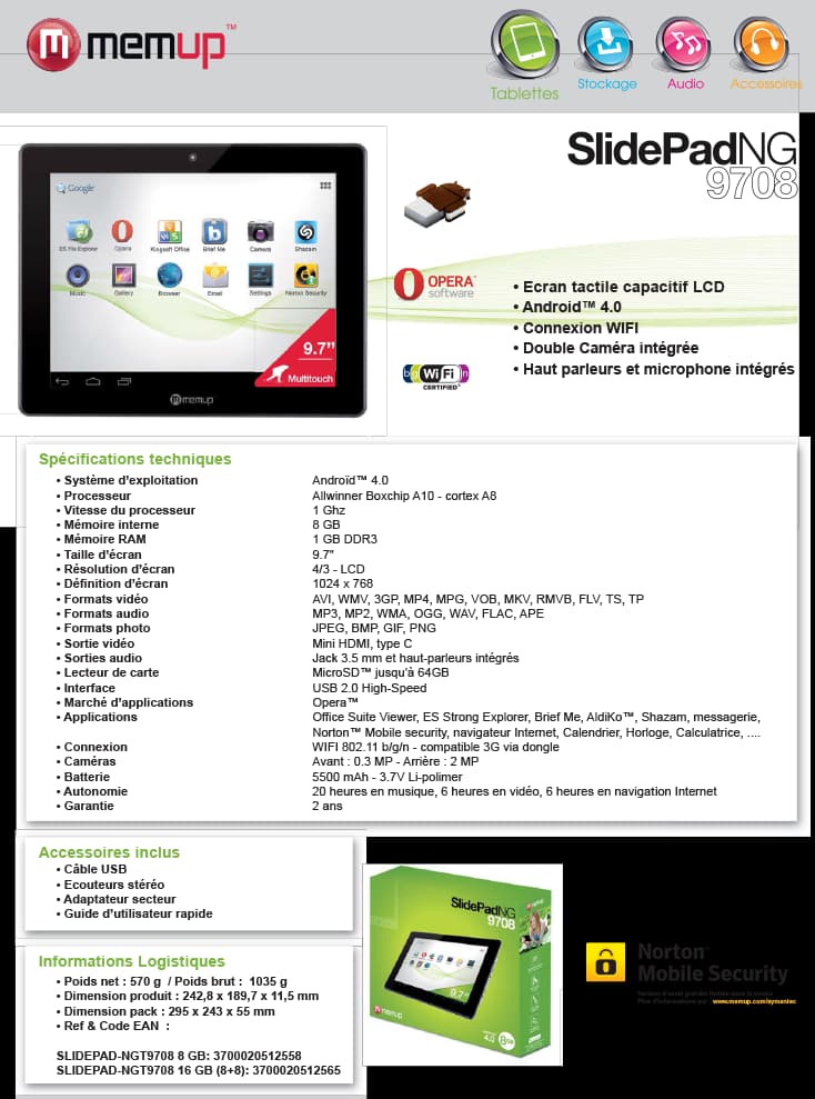 Tablette tactile Memup SLIDEPAD NG 9708 9.7" Capacitif - 8 GB WiFi