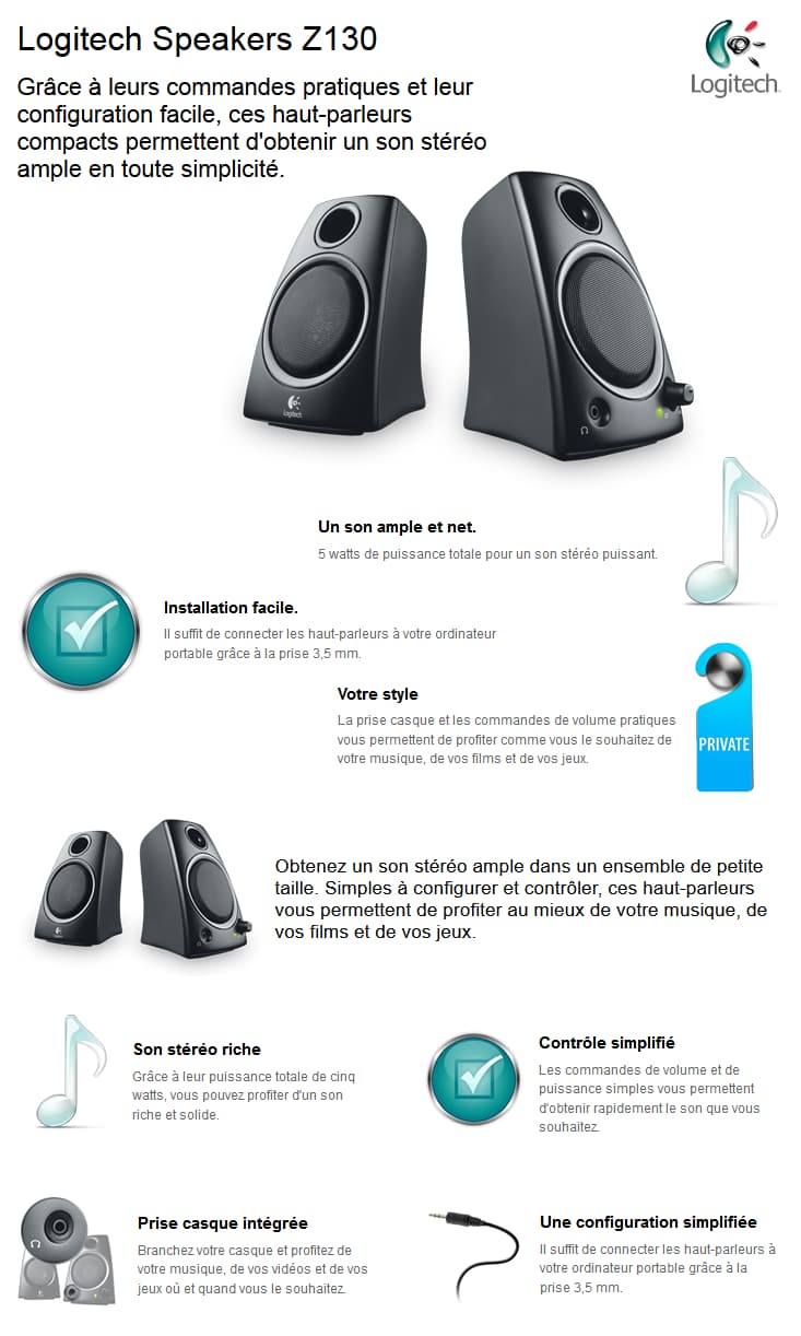 Logitech Speaker System Z130 - stéréo 2.0 - 5 Watts - Jack 3.5 mm