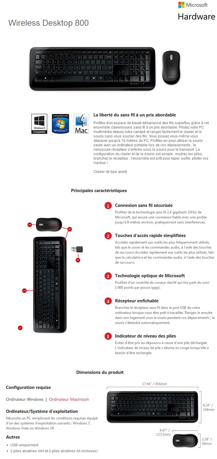 Clavier et souris Microsoft Wireless Desktop 800