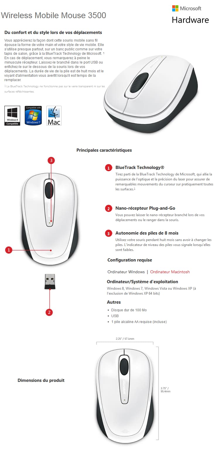 Microsoft Wireless Mobile Mouse 3500 Blanche (GMF-00294)