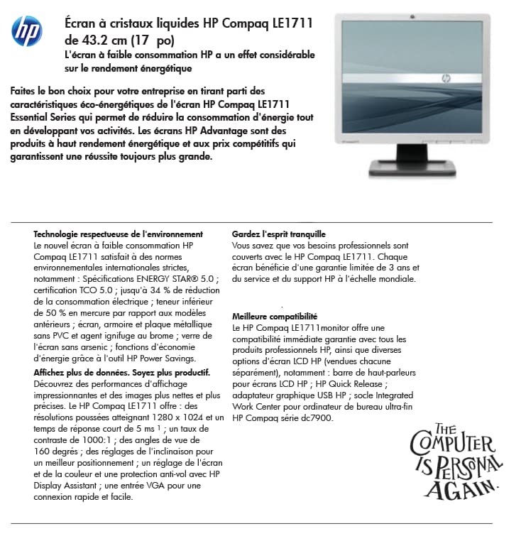Écran à cristaux liquides HP Compaq LE1711 de 43.2 cm (17 pouces) (EM886AA)