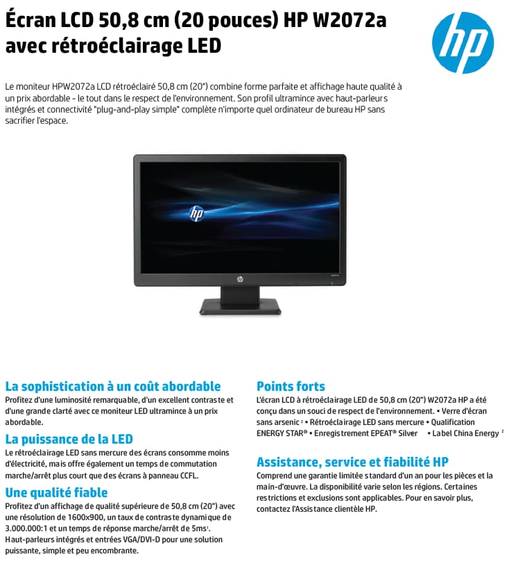 Écran HP W2072a LED Backlit LCD 50,8 cm (20 pouces) (B5M13AS)